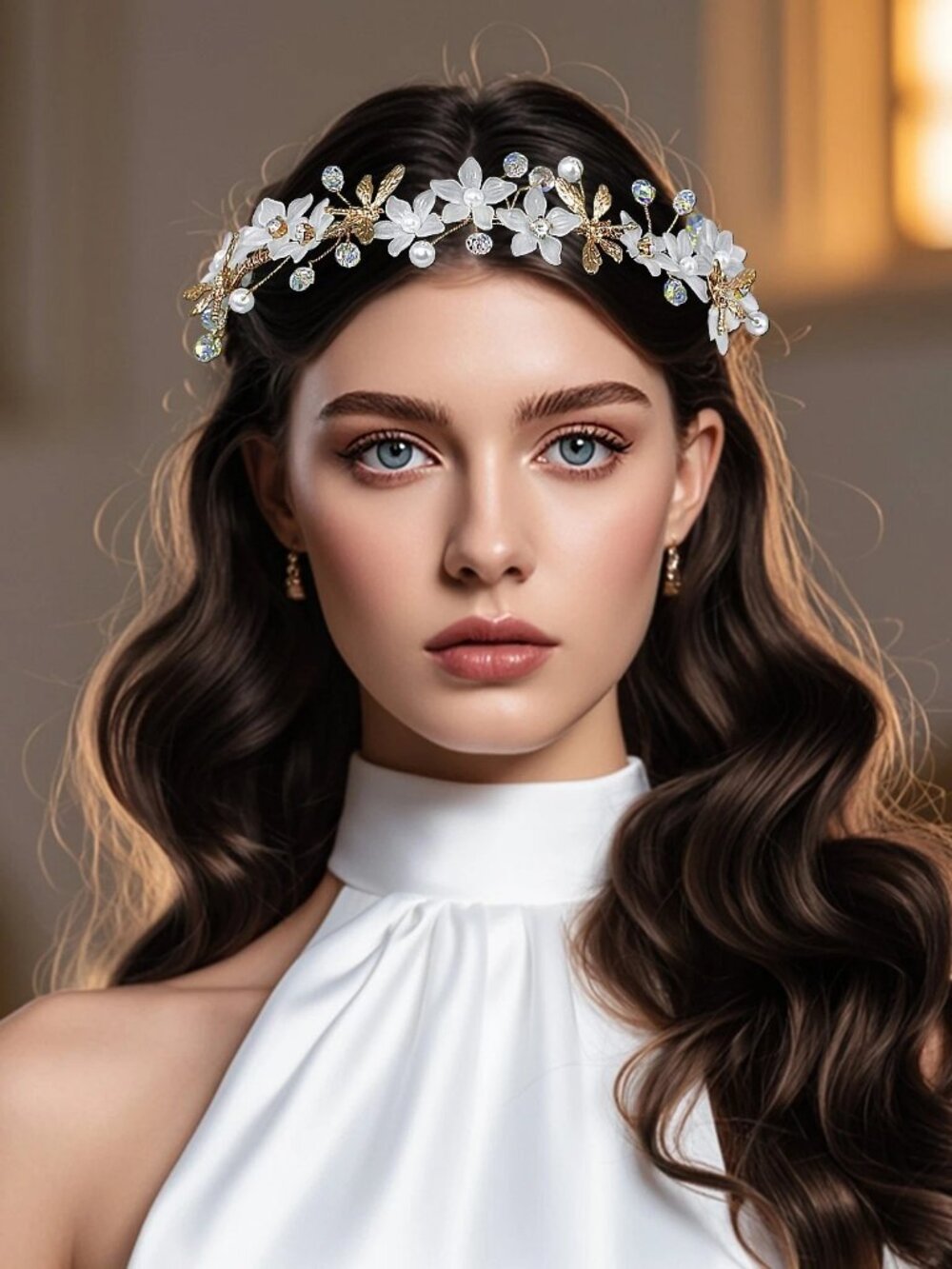 Gold Floral Crown Headband with Crescent Moons and Iridescent Crystals